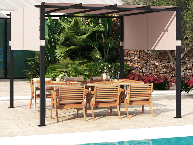 10 x 10 ft Flat Top Pergola with Retractable Canopy for Garden Pool Porch and Backyard