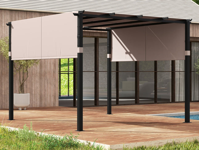 10 x 10 ft Flat Top Pergola with Retractable Canopy for Garden Pool Porch and Backyard