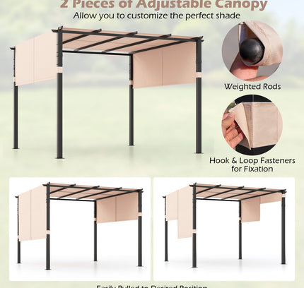 10 x 10 ft Flat Top Pergola with Retractable Canopy for Garden Pool Porch and Backyard