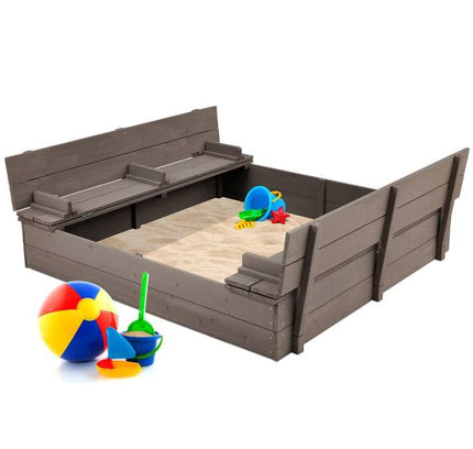 Sturdy Cedar Wood Kids Outdoor Sandbox with Benches in Grey Finish
