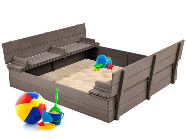 Sturdy Cedar Wood Kids Outdoor Sandbox with Benches in Grey Finish