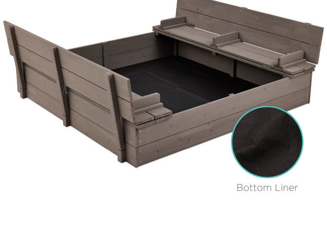 Sturdy Cedar Wood Kids Outdoor Sandbox with Benches in Grey Finish