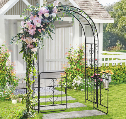 Garden Arbor w/ Gate w/ Multiple Side Crossbars and 4 Sharp Ground Stakes-Black