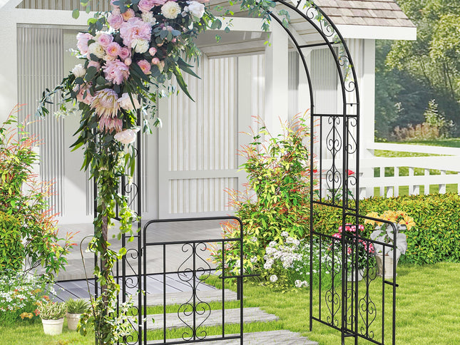 Garden Arbor w/ Gate w/ Multiple Side Crossbars and 4 Sharp Ground Stakes-Black