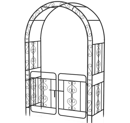 Garden Arbor w/ Gate w/ Multiple Side Crossbars and 4 Sharp Ground Stakes-Black