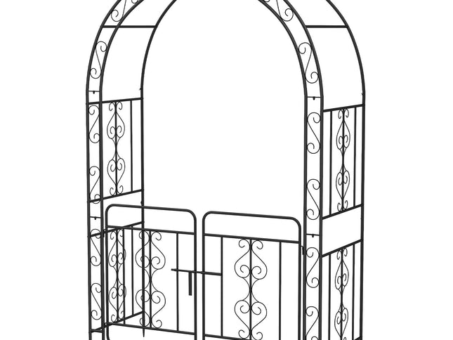 Garden Arbor w/ Gate w/ Multiple Side Crossbars and 4 Sharp Ground Stakes-Black