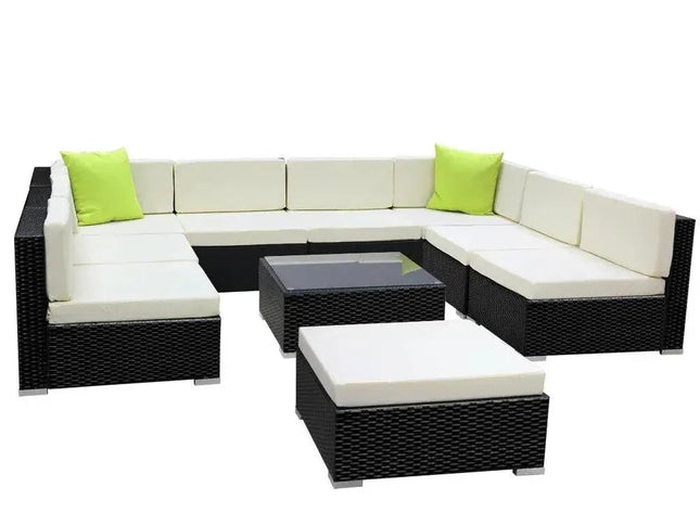 Gardeon 10-Piece Outdoor Wicker Sofa Set with Tempered Glass Table