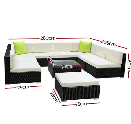 Gardeon 10-Piece Outdoor Wicker Sofa Set with Tempered Glass Table