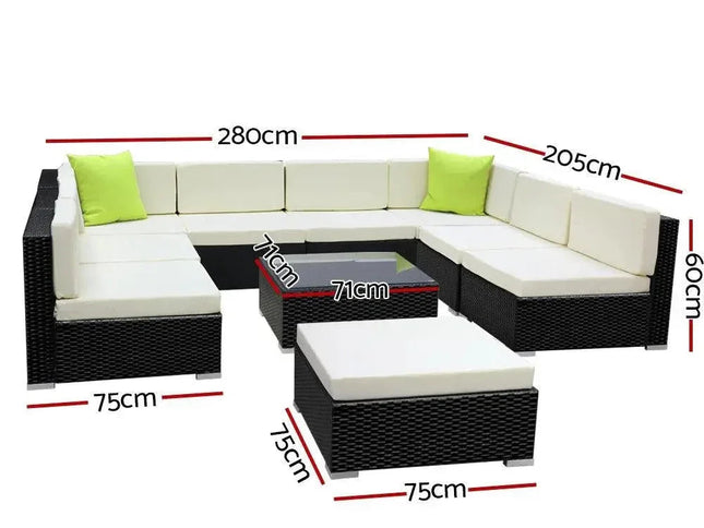 Gardeon 10-Piece Outdoor Wicker Sofa Set with Tempered Glass Table