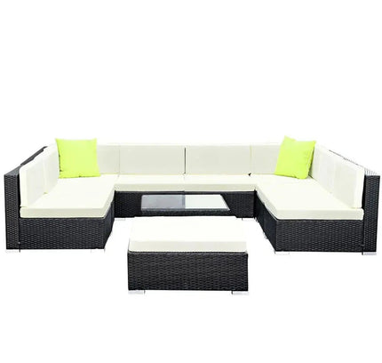 Gardeon 10-Piece Outdoor Wicker Sofa Set with Tempered Glass Table