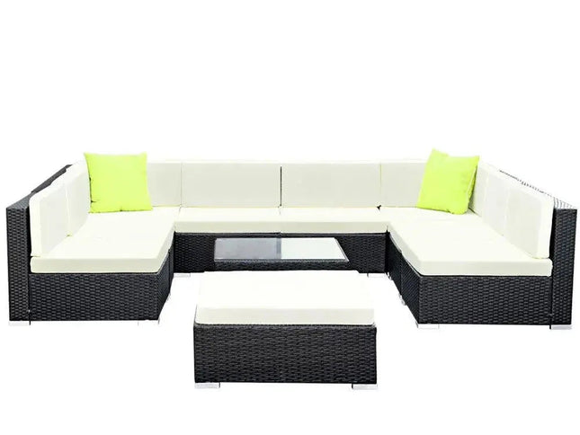 Gardeon 10-Piece Outdoor Wicker Sofa Set with Tempered Glass Table