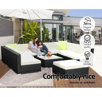 Gardeon 10-Piece Outdoor Wicker Sofa Set with Tempered Glass Table