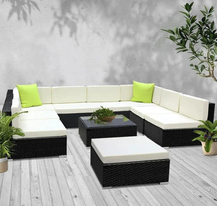 Gardeon 10-Piece Outdoor Wicker Sofa Set with Tempered Glass Table