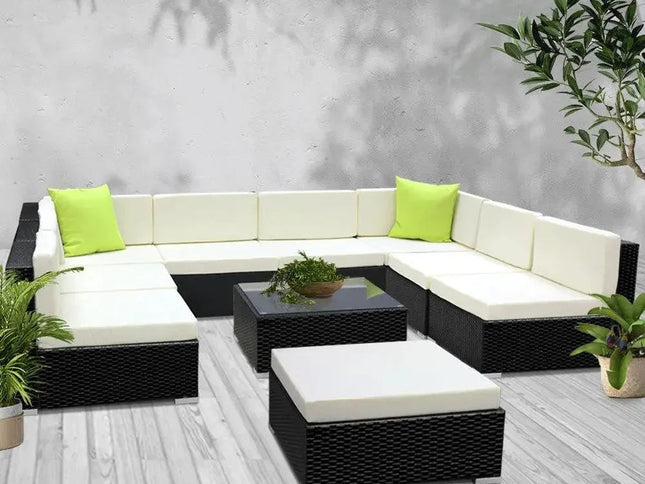 Gardeon 10-Piece Outdoor Wicker Sofa Set with Tempered Glass Table