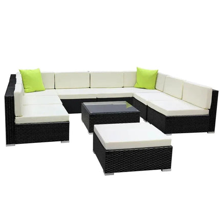 Gardeon 10-Piece Outdoor Wicker Sofa Set with Storage Cover & Tempered Glass Table
