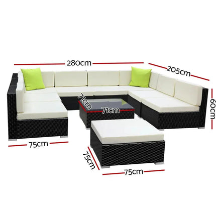 Gardeon 10-Piece Outdoor Wicker Sofa Set with Storage Cover & Tempered Glass Table