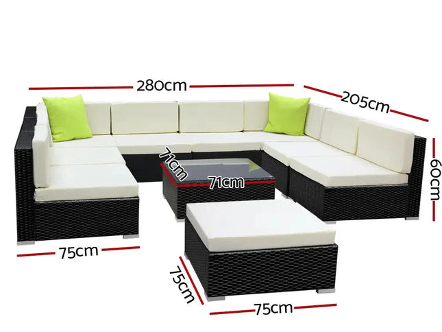 Gardeon 10-Piece Outdoor Wicker Sofa Set with Storage Cover & Tempered Glass Table