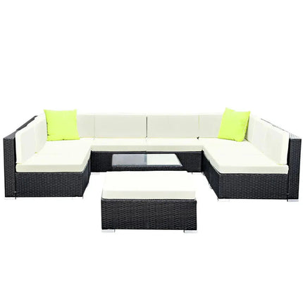 Gardeon 10-Piece Outdoor Wicker Sofa Set with Storage Cover & Tempered Glass Table