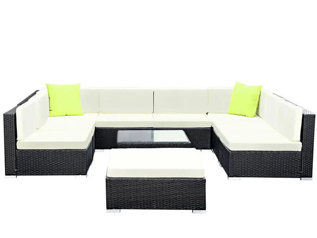 Gardeon 10-Piece Outdoor Wicker Sofa Set with Storage Cover & Tempered Glass Table