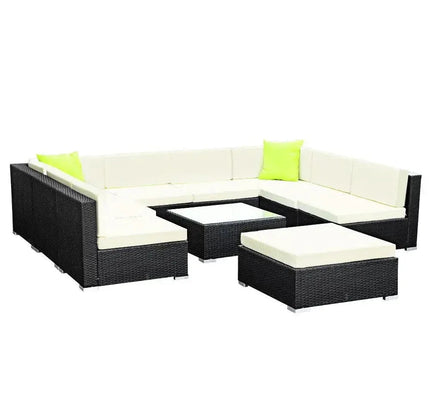 Gardeon 10-Piece Outdoor Wicker Sofa Set with Storage Cover & Tempered Glass Table