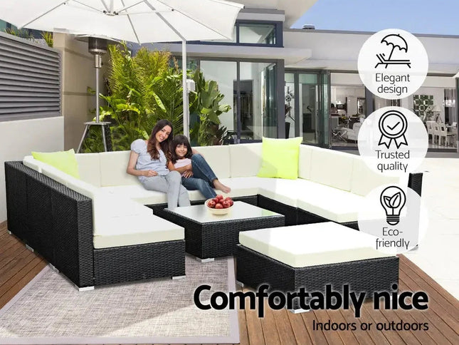 Gardeon 10-Piece Outdoor Wicker Sofa Set with Storage Cover & Tempered Glass Table