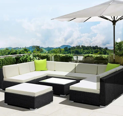 Gardeon 10-Piece Outdoor Wicker Sofa Set with Storage Cover & Tempered Glass Table