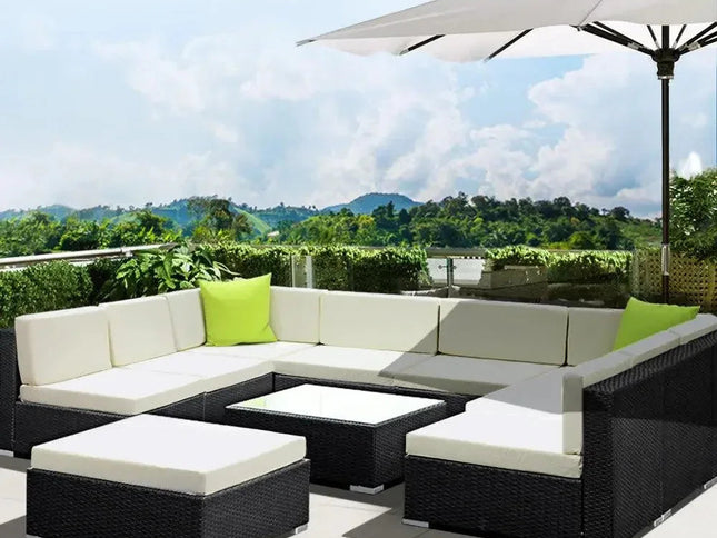 Gardeon 10-Piece Outdoor Wicker Sofa Set with Storage Cover & Tempered Glass Table