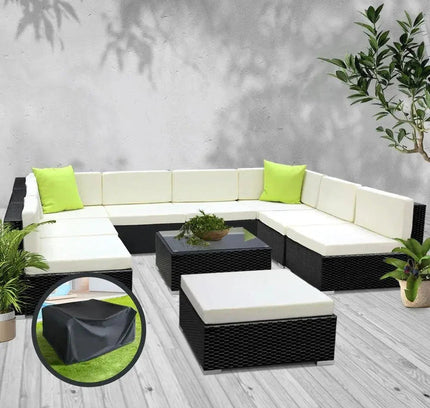 Gardeon 10-Piece Outdoor Wicker Sofa Set with Storage Cover & Tempered Glass Table
