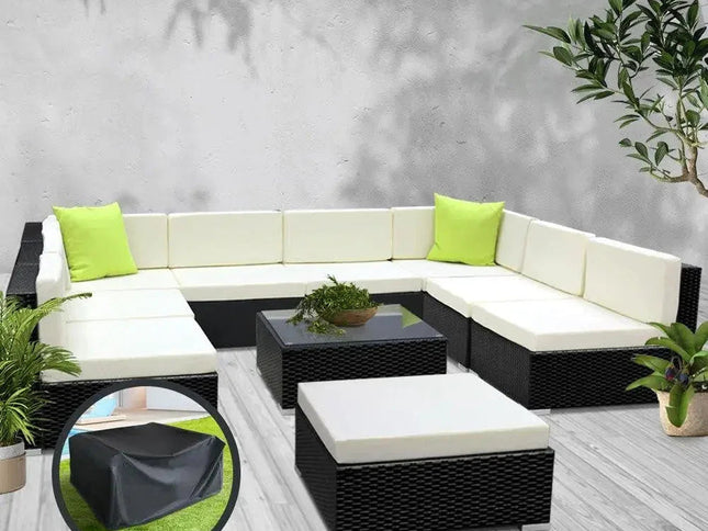 Gardeon 10-Piece Outdoor Wicker Sofa Set with Storage Cover & Tempered Glass Table