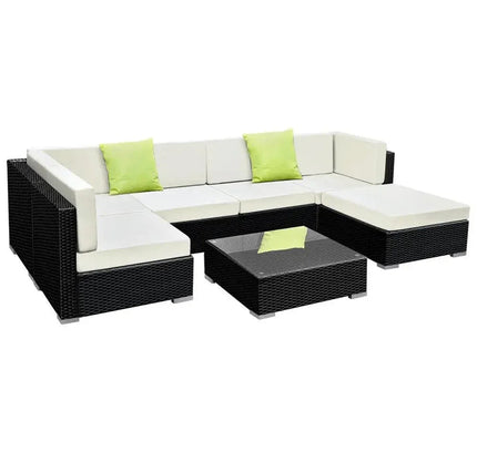 Gardeon 7-Piece Outdoor Wicker Sofa Set with Tempered Glass Table