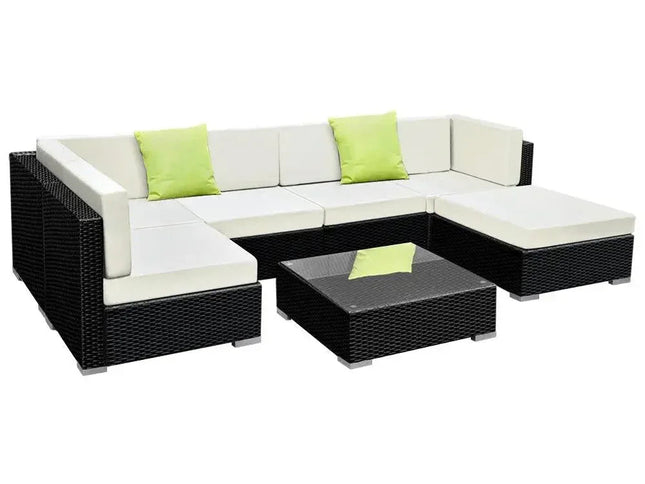 Gardeon 7-Piece Outdoor Wicker Sofa Set with Tempered Glass Table