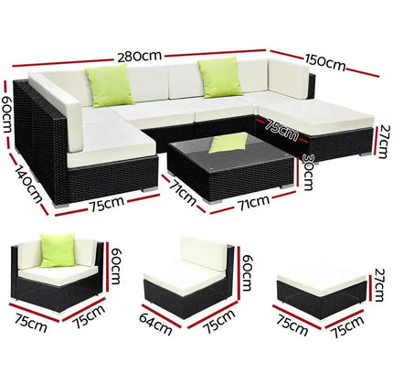 Gardeon 7-Piece Outdoor Wicker Sofa Set with Tempered Glass Table