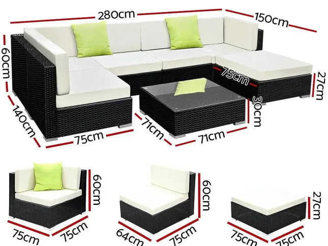 Gardeon 7-Piece Outdoor Wicker Sofa Set with Tempered Glass Table