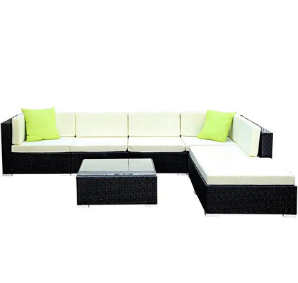 Gardeon 7-Piece Outdoor Wicker Sofa Set with Tempered Glass Table