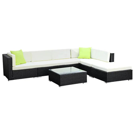 Gardeon 7-Piece Outdoor Wicker Sofa Set with Tempered Glass Table
