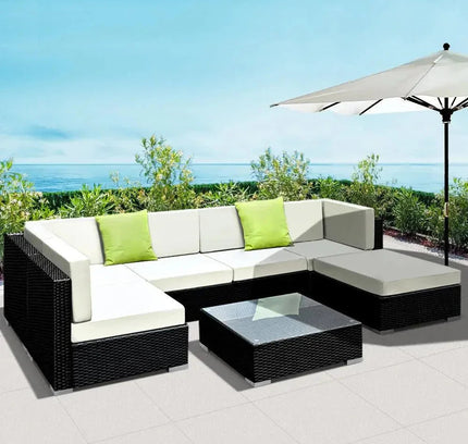 Gardeon 7-Piece Outdoor Wicker Sofa Set with Tempered Glass Table