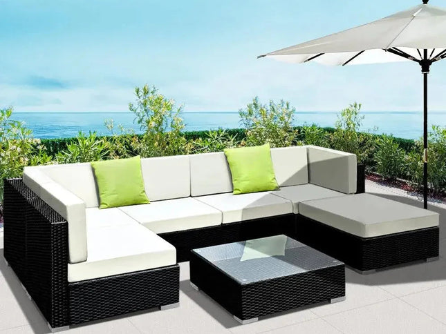 Gardeon 7-Piece Outdoor Wicker Sofa Set with Tempered Glass Table