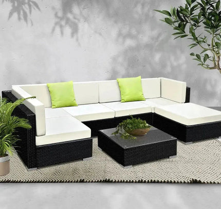 Gardeon 7-Piece Outdoor Wicker Sofa Set with Tempered Glass Table