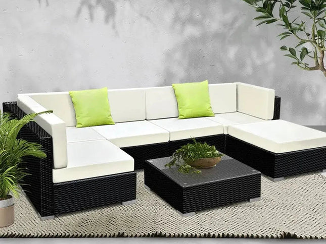 Gardeon 7-Piece Outdoor Wicker Sofa Set with Tempered Glass Table