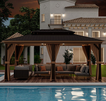 12' x 20' Double-Roof Hardtop Gazebo with Galvanized Steel Roof-Coffee