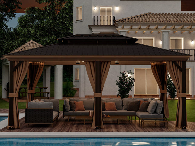 12' x 20' Double-Roof Hardtop Gazebo with Galvanized Steel Roof-Coffee