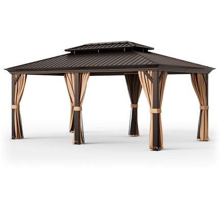 12' x 20' Double-Roof Hardtop Gazebo with Galvanized Steel Roof-Coffee