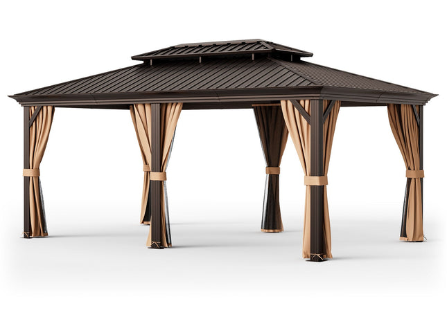 12' x 20' Double-Roof Hardtop Gazebo with Galvanized Steel Roof-Coffee