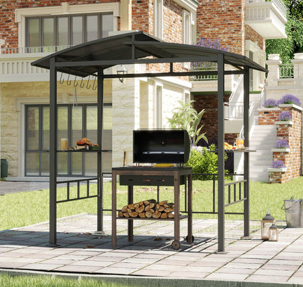 Hardtop Grill Gazebo with Vented Polycarbonate Roof Side Shelves-Black