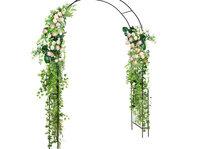 7.9 Ft Metal Garden Arch Backdrop Stand with Fence for Climbing Plants-Black