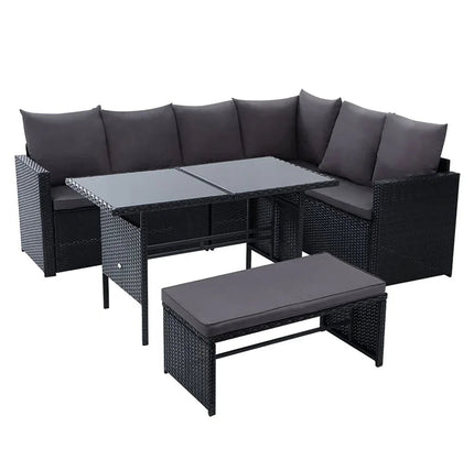 Gardeon 9-Seater Outdoor Wicker Dining Sofa Set with Tempered Glass Table