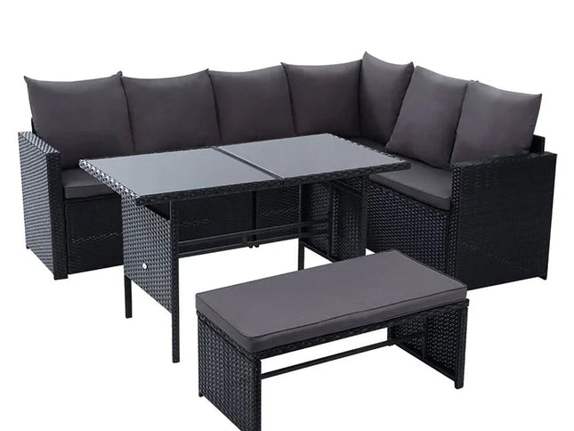 Gardeon 9-Seater Outdoor Wicker Dining Sofa Set with Tempered Glass Table