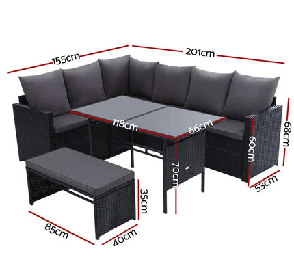 Gardeon 9-Seater Outdoor Wicker Dining Sofa Set with Tempered Glass Table