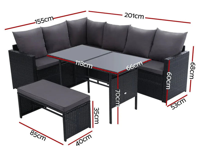 Gardeon 9-Seater Outdoor Wicker Dining Sofa Set with Tempered Glass Table
