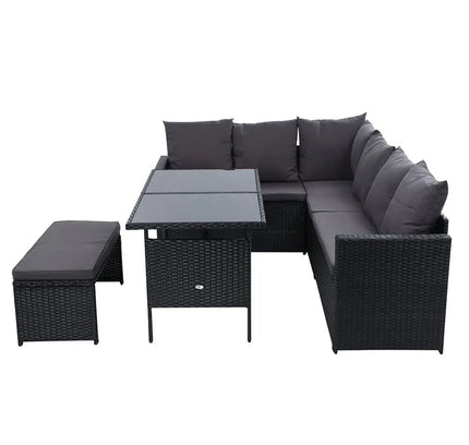 Gardeon 9-Seater Outdoor Wicker Dining Sofa Set with Tempered Glass Table